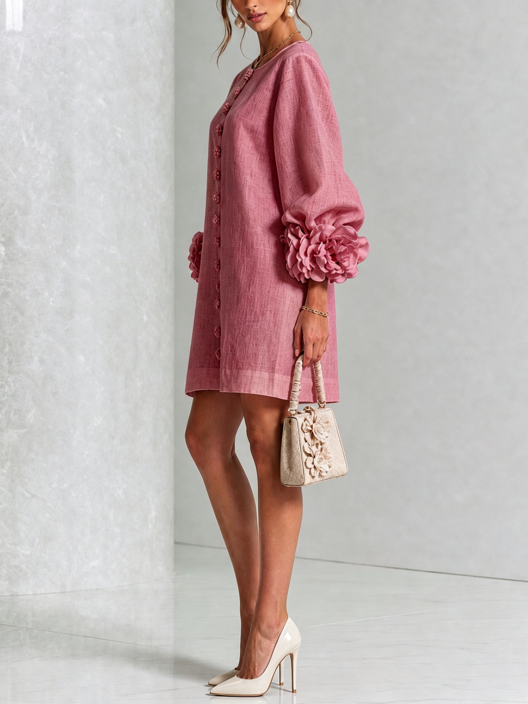 Linen-Blend Shirt Dress with Rosette Trim on the Sleeves.