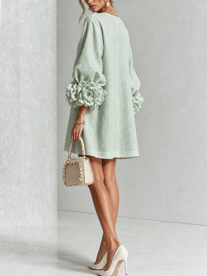 Linen-Blend Shirt Dress with Rosette Trim on the Sleeves.