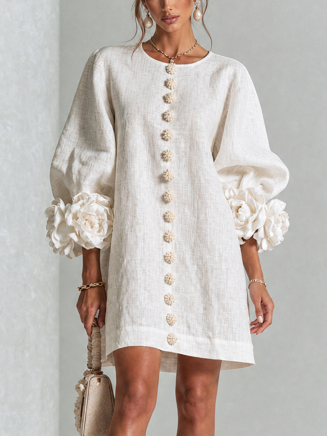 Elegant A-Line Dress with Voluminous Sleeves and Floral Buttons
