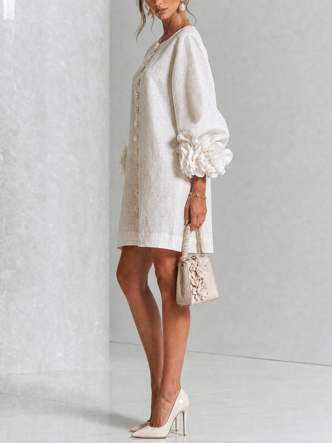 Elegant A-Line Dress with Voluminous Sleeves and Floral Buttons
