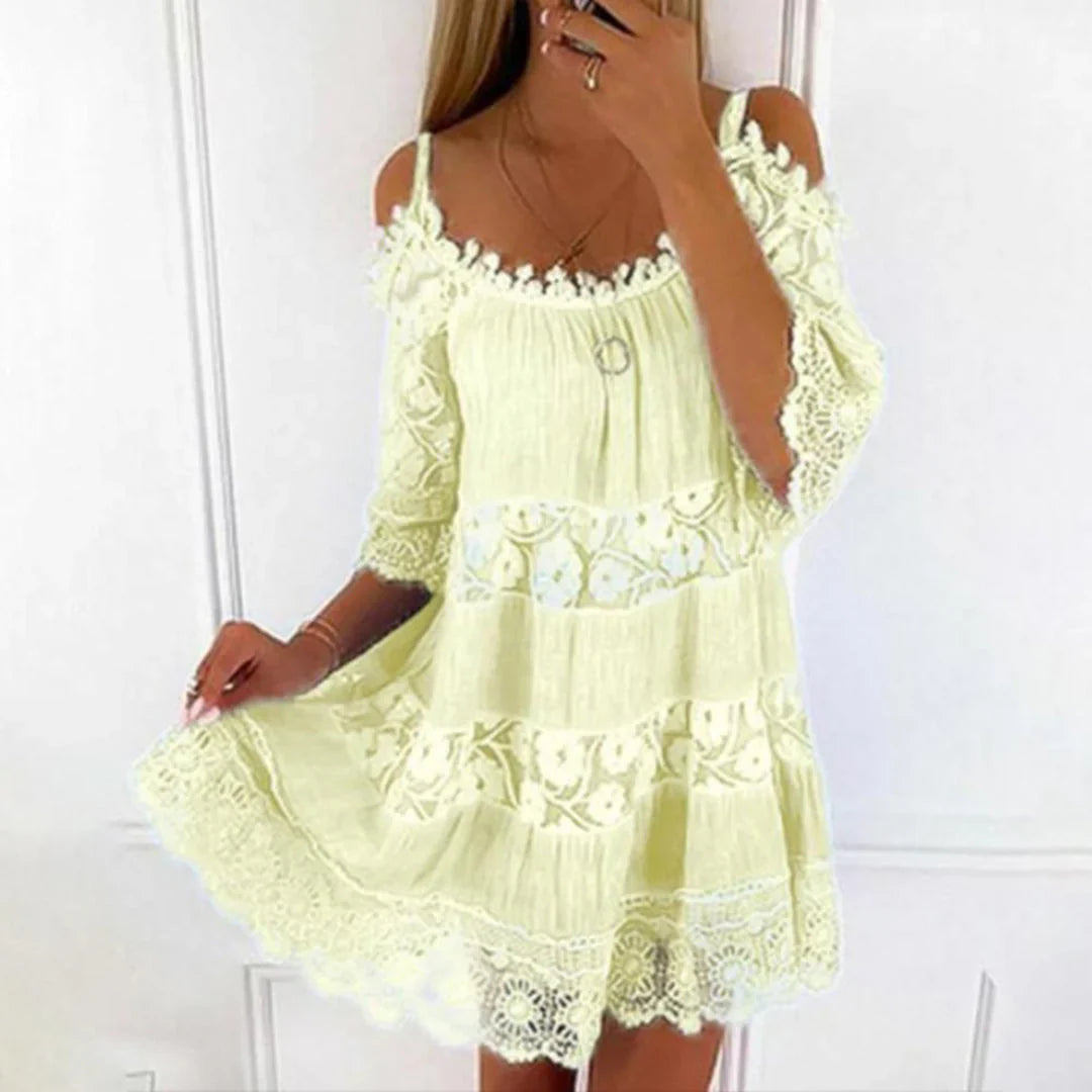 Summer Mini Dress with Crochet Lace and Embroidery