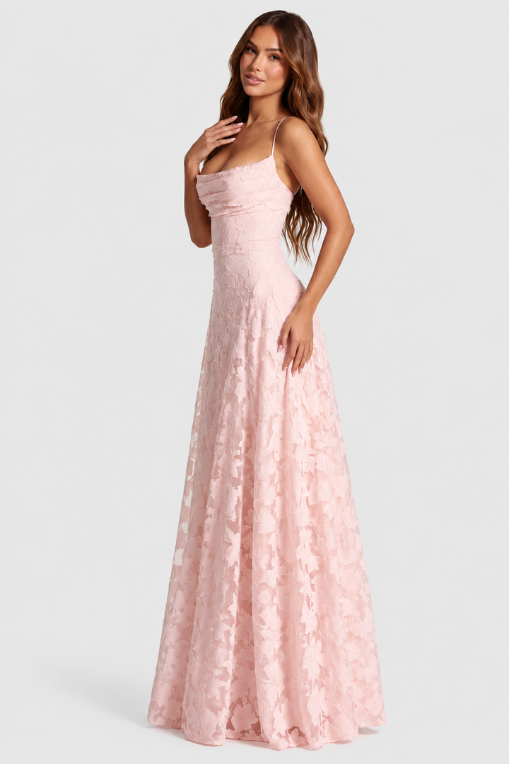 Raised 3D floral lace A-line midi-maxi dress with draped neckline