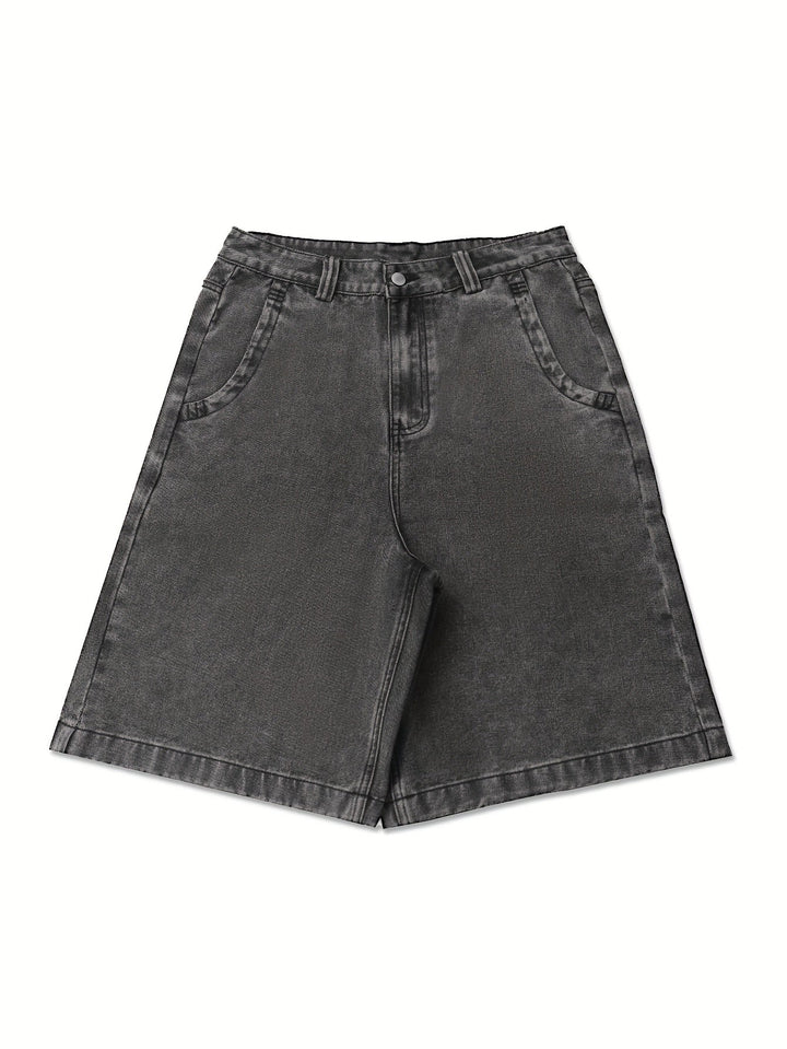 Casual Denim Bermuda Shorts – Loose Fit with Elegant Floral Embroidery