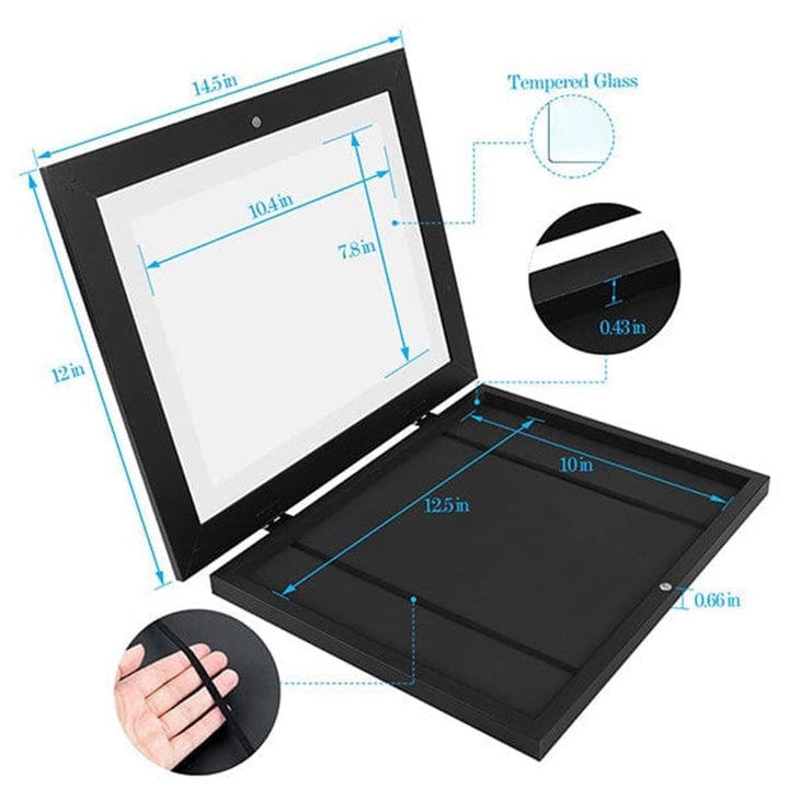 Children's picture frame with hinged opening for A4 drawings, holds up to 150 pieces, MDF and tempered glass