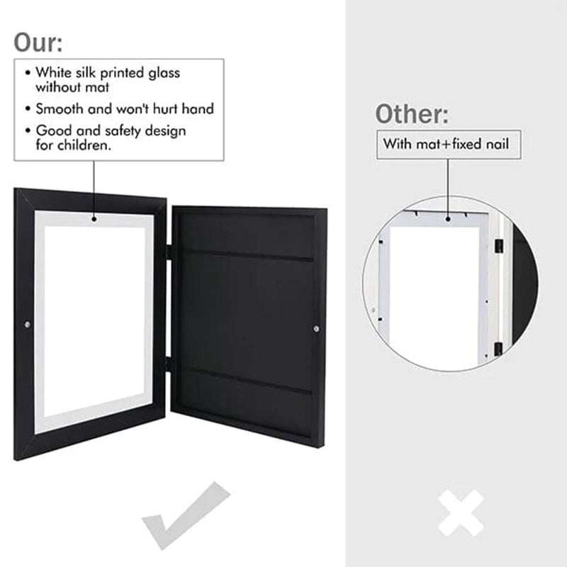 Children's picture frame with hinged opening for A4 drawings, holds up to 150 pieces, MDF and tempered glass