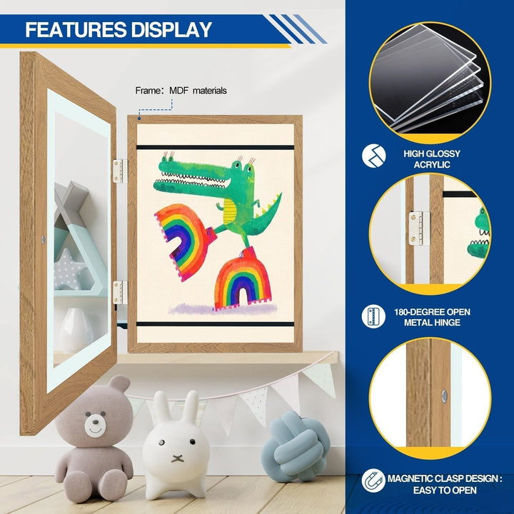 Children's picture frame with hinged opening for A4 drawings, holds up to 150 pieces, MDF and tempered glass