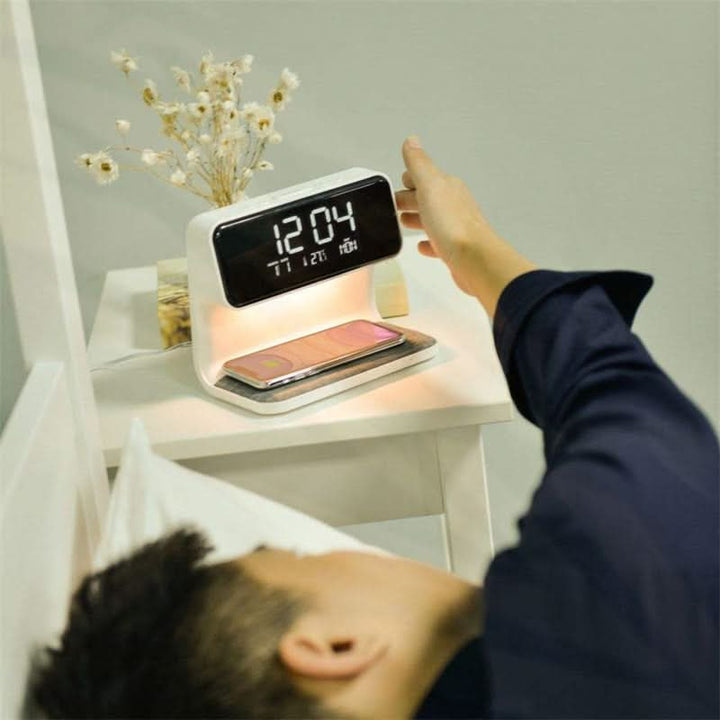 Alarm Clock with Qi Wireless Charging Nightstand Station Digital LED Display and Night Light