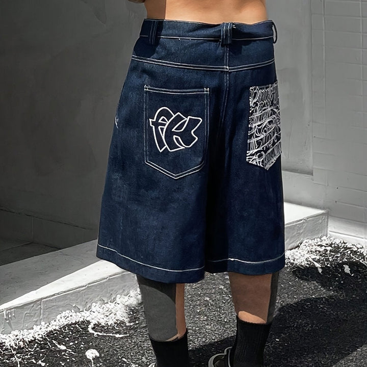 Casual Denim Bermuda Shorts – Loose Fit with Elegant Floral Embroidery