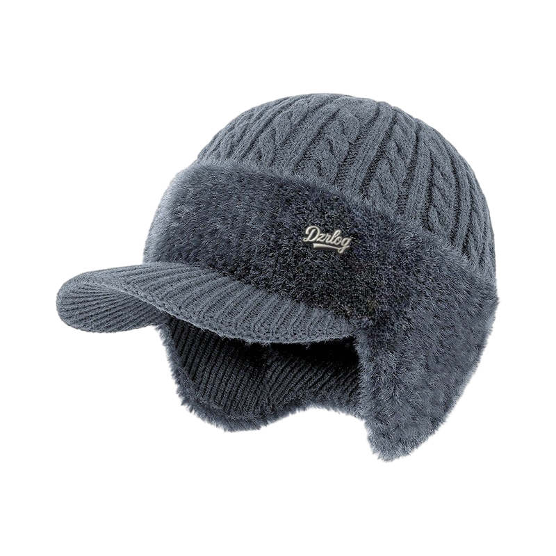 Beanie with Ear Flaps, Winter Visor, Cable Knit and Faux Fur Fleece Lining