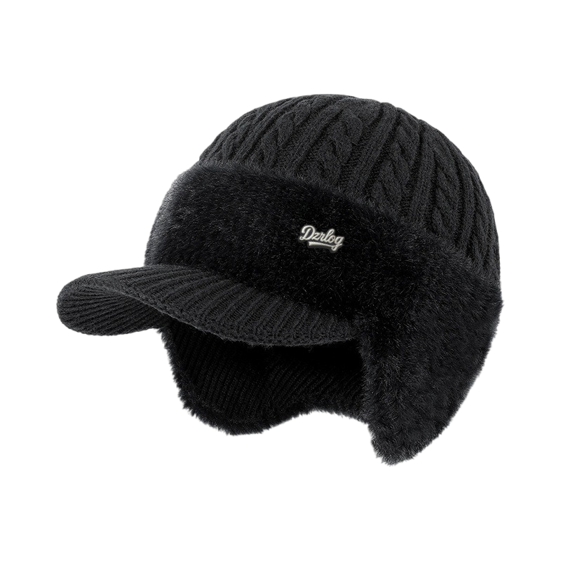 Beanie with Ear Flaps, Winter Visor, Cable Knit and Faux Fur Fleece Lining