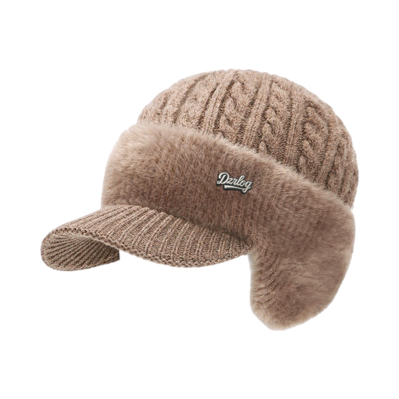 Beanie with Ear Flaps, Winter Visor, Cable Knit and Faux Fur Fleece Lining