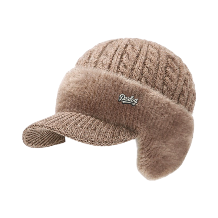 Beanie with Ear Flaps, Winter Visor, Cable Knit and Faux Fur Fleece Lining