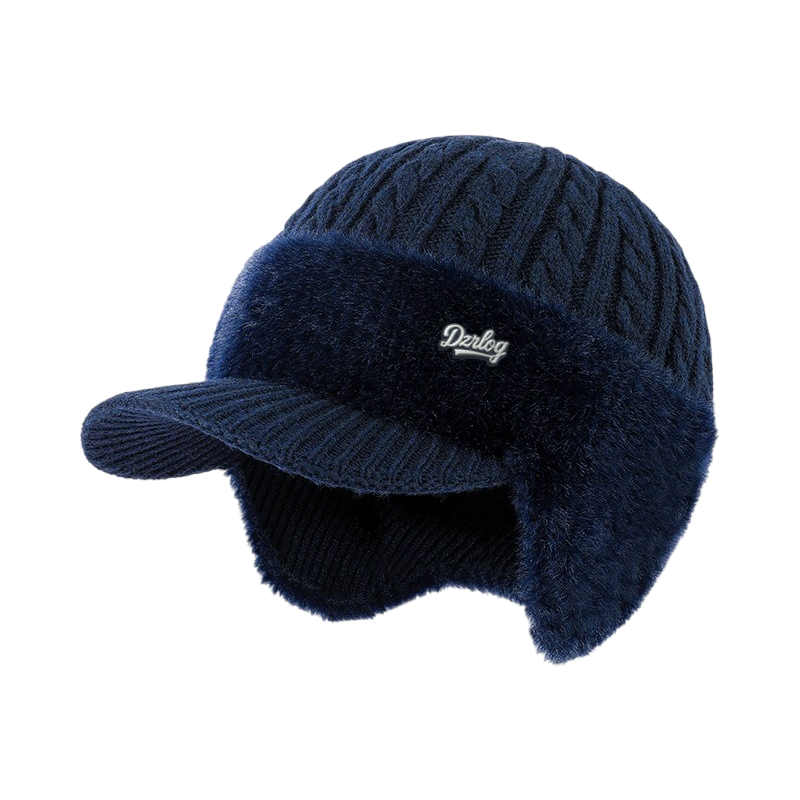 Beanie with Ear Flaps, Winter Visor, Cable Knit and Faux Fur Fleece Lining