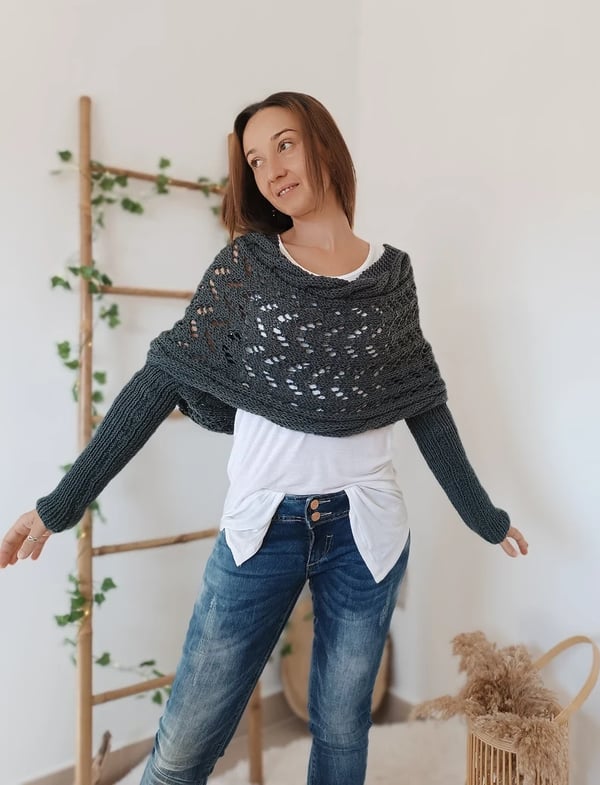 Wrap Scarf with Double Sleeves - Warm Knitted Scarf with Built-In Sleeves