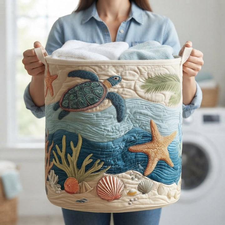 Quilted laundry basket with canvas carrying handles, freestanding cotton-polyester laundry basket