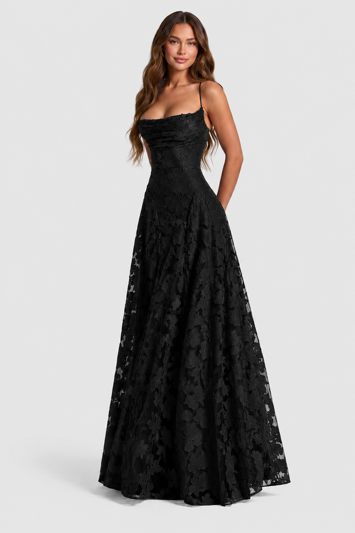 Raised 3D floral lace A-line midi-maxi dress with draped neckline