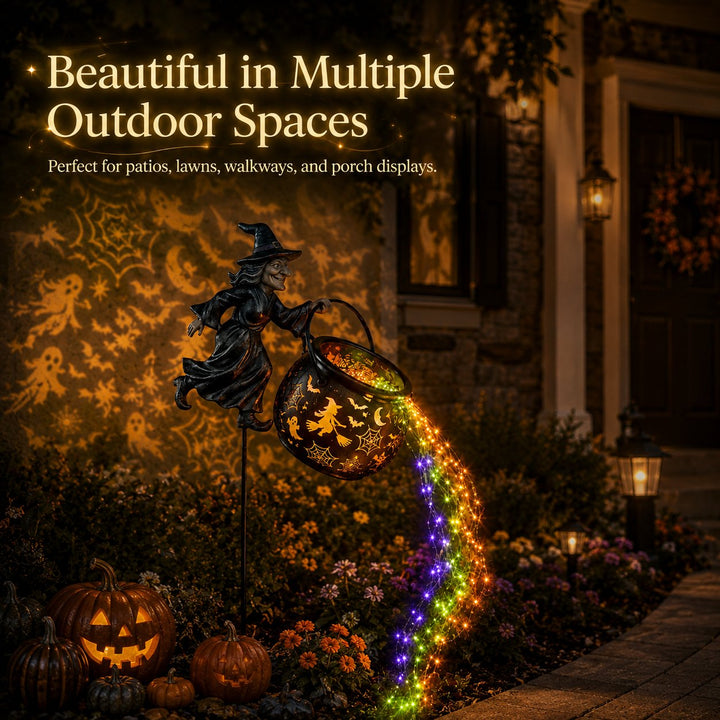 Halloween Witch's Cauldron Garden Lamp with Colourful Glow and Spooky Projections