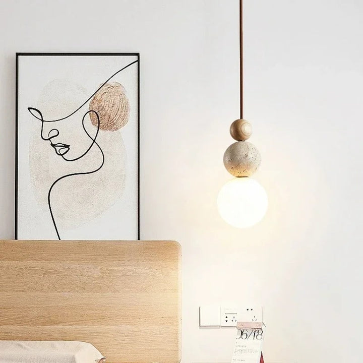 Ceiling Hanging Globe Pendant Light with Frosted Glass and Travertine Spheres