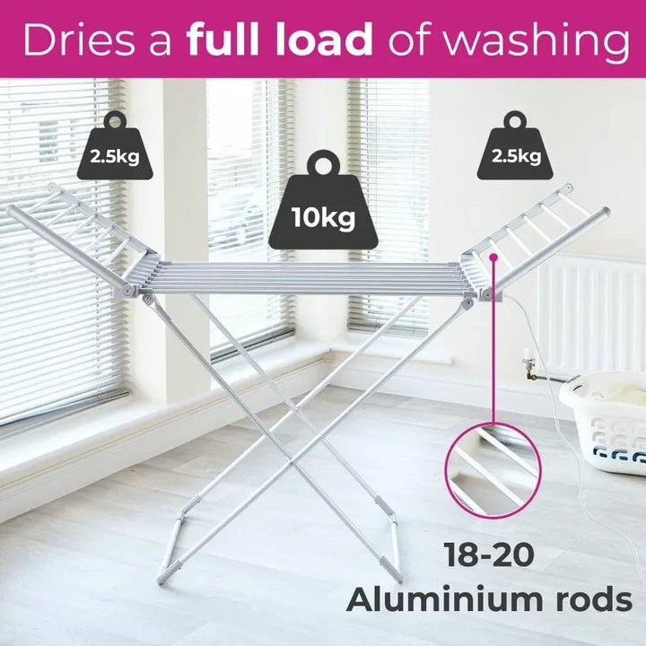 Heated Electric Clothes Drying Rack with Folding Wings and Aluminum Frame