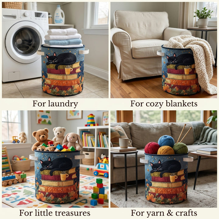 Quilted cat library laundry basket with handles, foldable laundry basket in 3 sizes