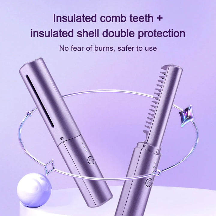 Cordless Hair Straightener Brush with Ceramic Heating Comb and Protective Cap