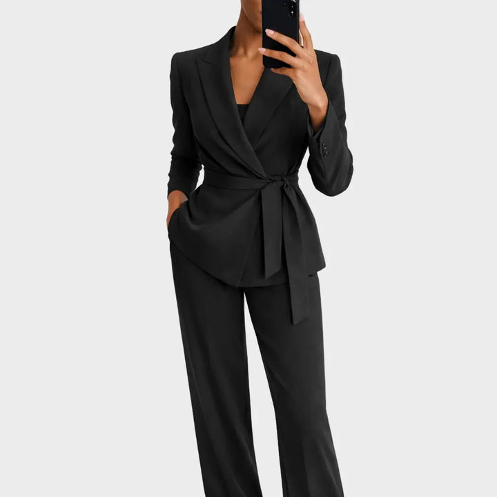 Women's Blazer and Trousers Set with Wrap Front and Tie Belt