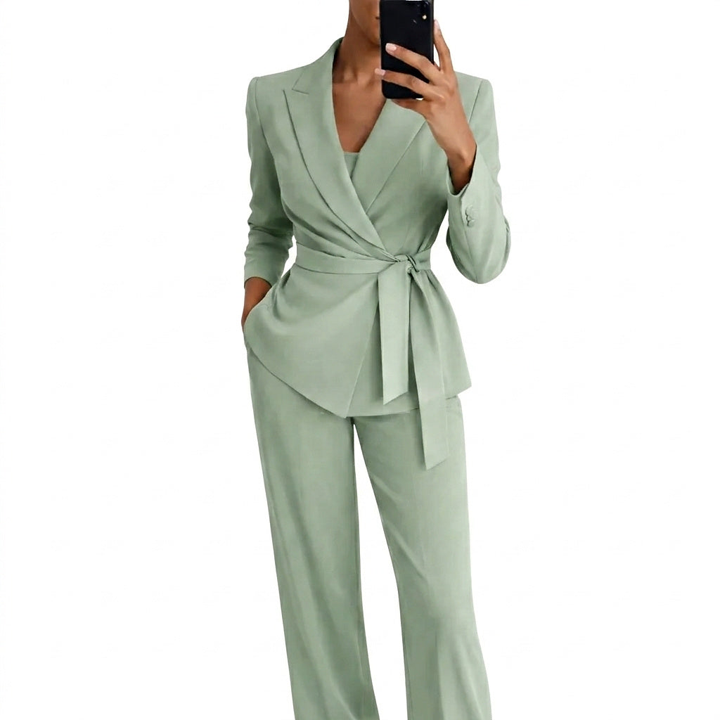 Women's Blazer and Trousers Set with Wrap Front and Tie Belt