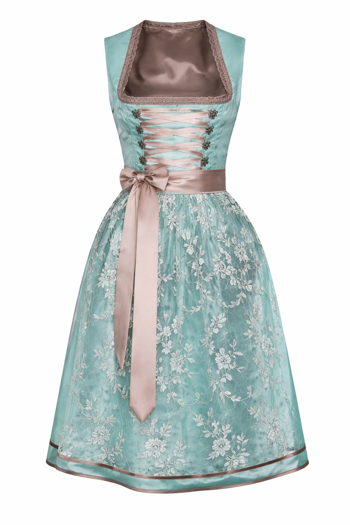 Women's dirndl dress with lace overskirt, front lacing and eyelets.