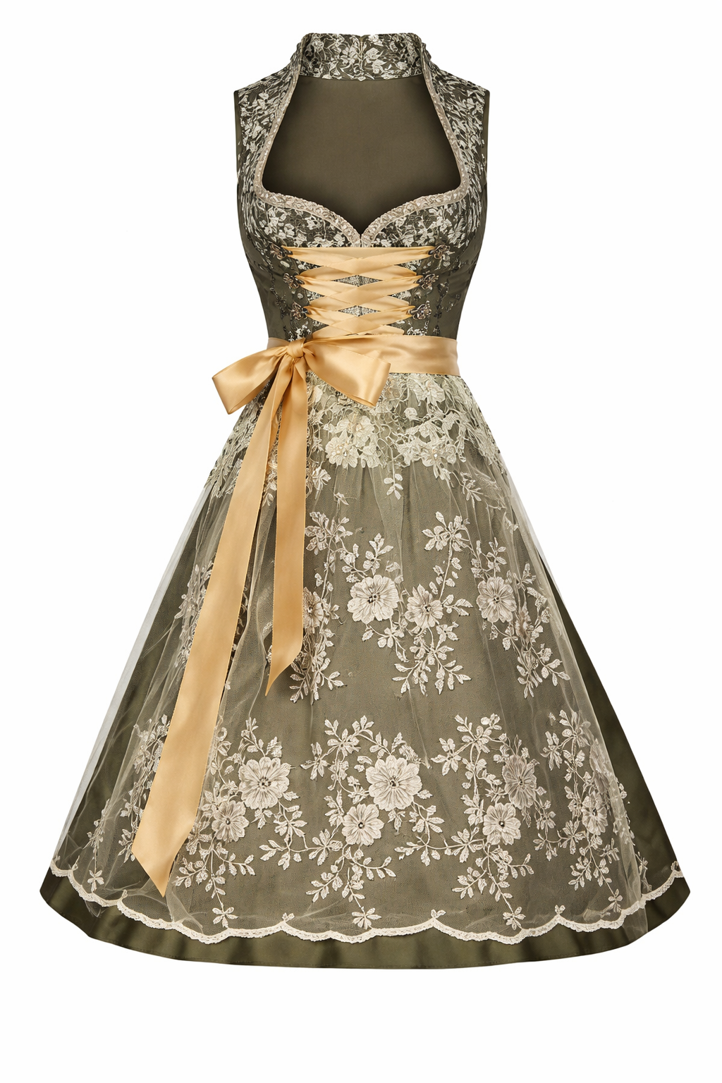 Women's Dirndl Dress with Stand Collar, Front Lacing and Lace Trim.
