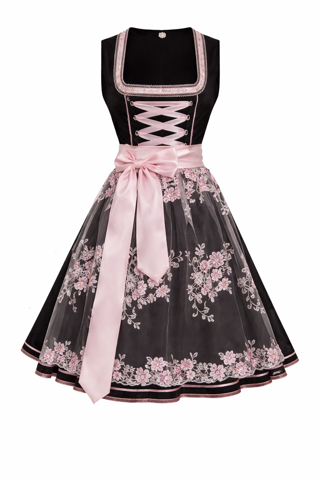 Women's Dirndl Dress with Stand Collar, Front Lacing and Lace Trim.