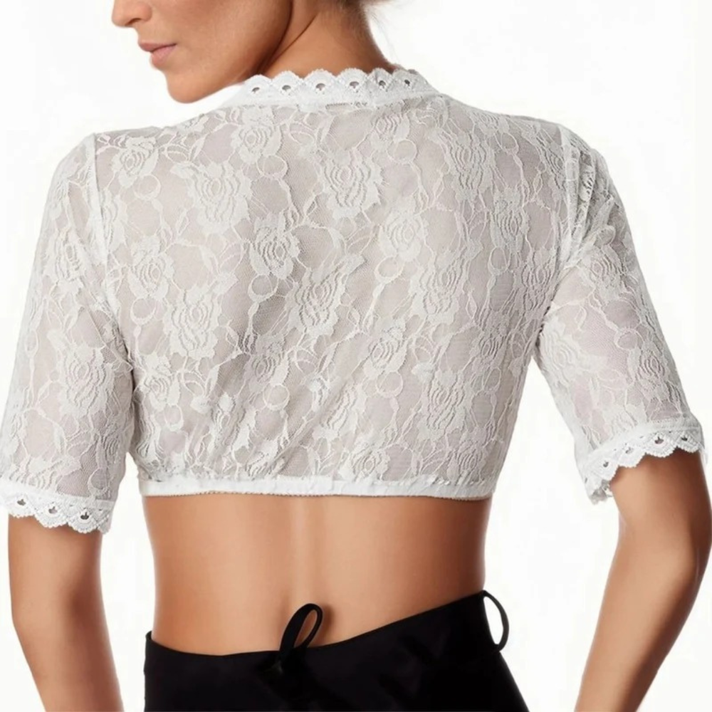 Women's Dirndl Crop Top with Floral Lace and Deep V-Neck
