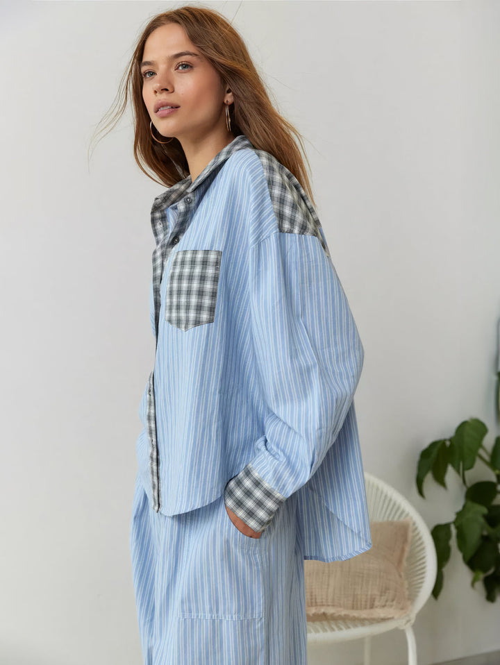 Women's pyjama set with button-up shirt and trousers with elasticated waist