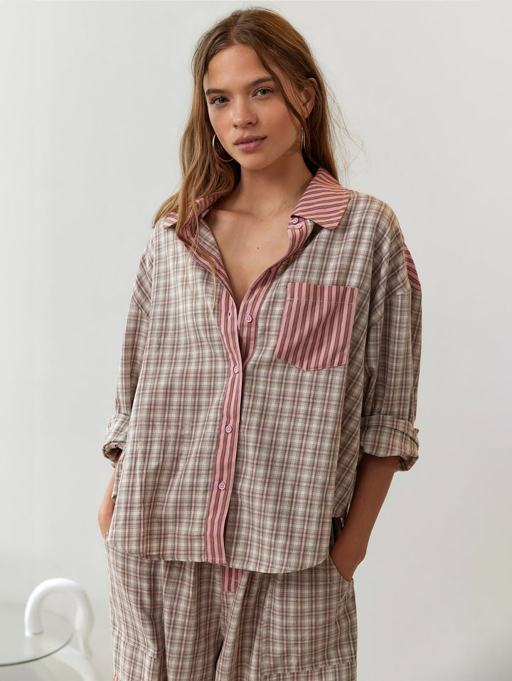 Women's pyjama set with button-up shirt and trousers with elasticated waist