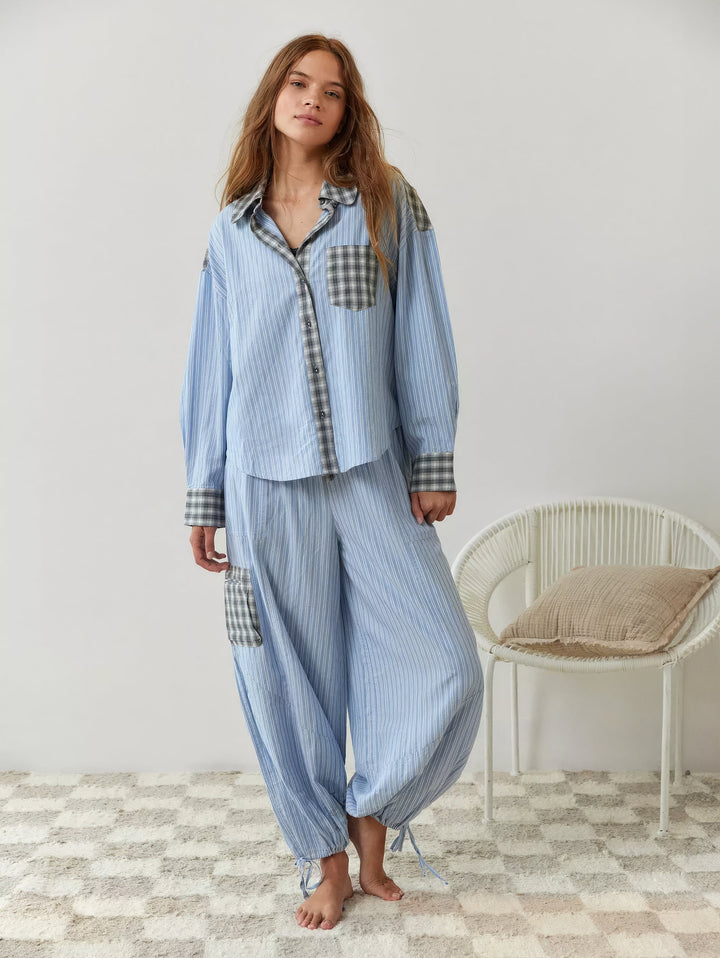 Women's pyjama set with button-up shirt and trousers with elasticated waist