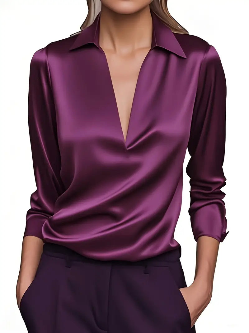 Women's satin blouse with V-neck and draped collar