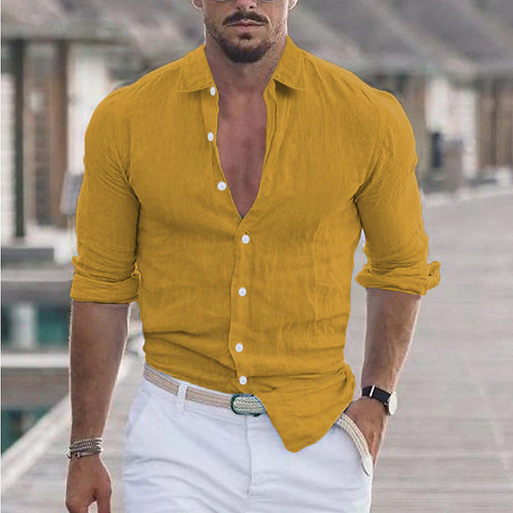 Men's Long Sleeve Button-Up Shirt with Turn-Down Collar