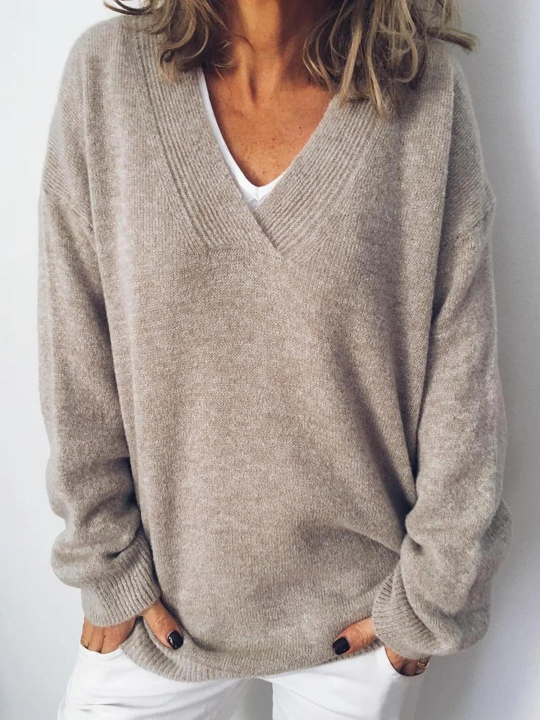 Apricot V-Neck Long-Sleeve Sweater – Casual Solid Style for Everyday Wear