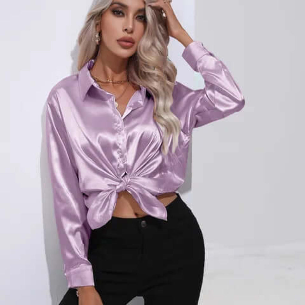 Women's Satin Loose Fit Long Sleeve Blouse