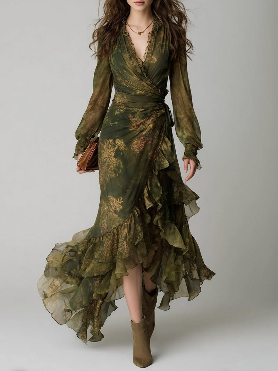 Women's Green Floral Wrap Maxi Dress with V-Neck, Long Sleeves and Ruffle Tiers