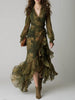 Women's Long Wrap Maxi Dress with V-Neck, Long Sleeves and Tiered Ruffles in Green Floral Print