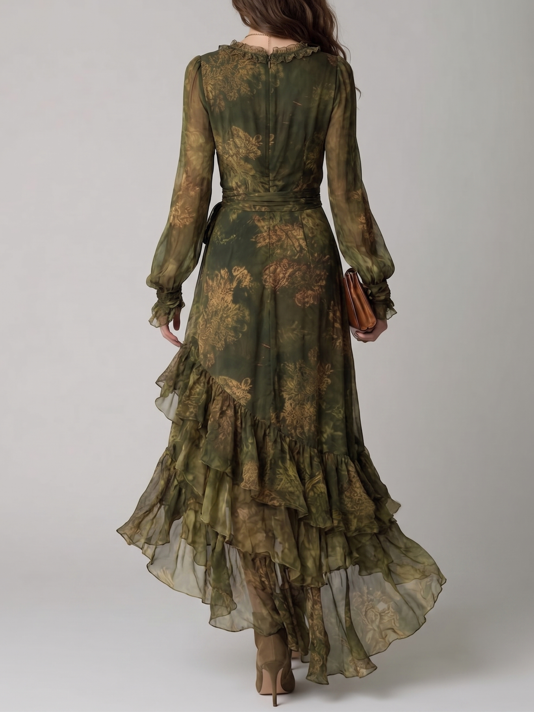 Women's Long Wrap Maxi Dress with V-Neck, Long Sleeves and Tiered Ruffles in Green Floral Print