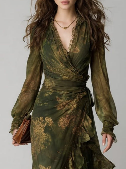 Women's Long Wrap Maxi Dress with V-Neck, Long Sleeves and Tiered Ruffles in Green Floral Print
