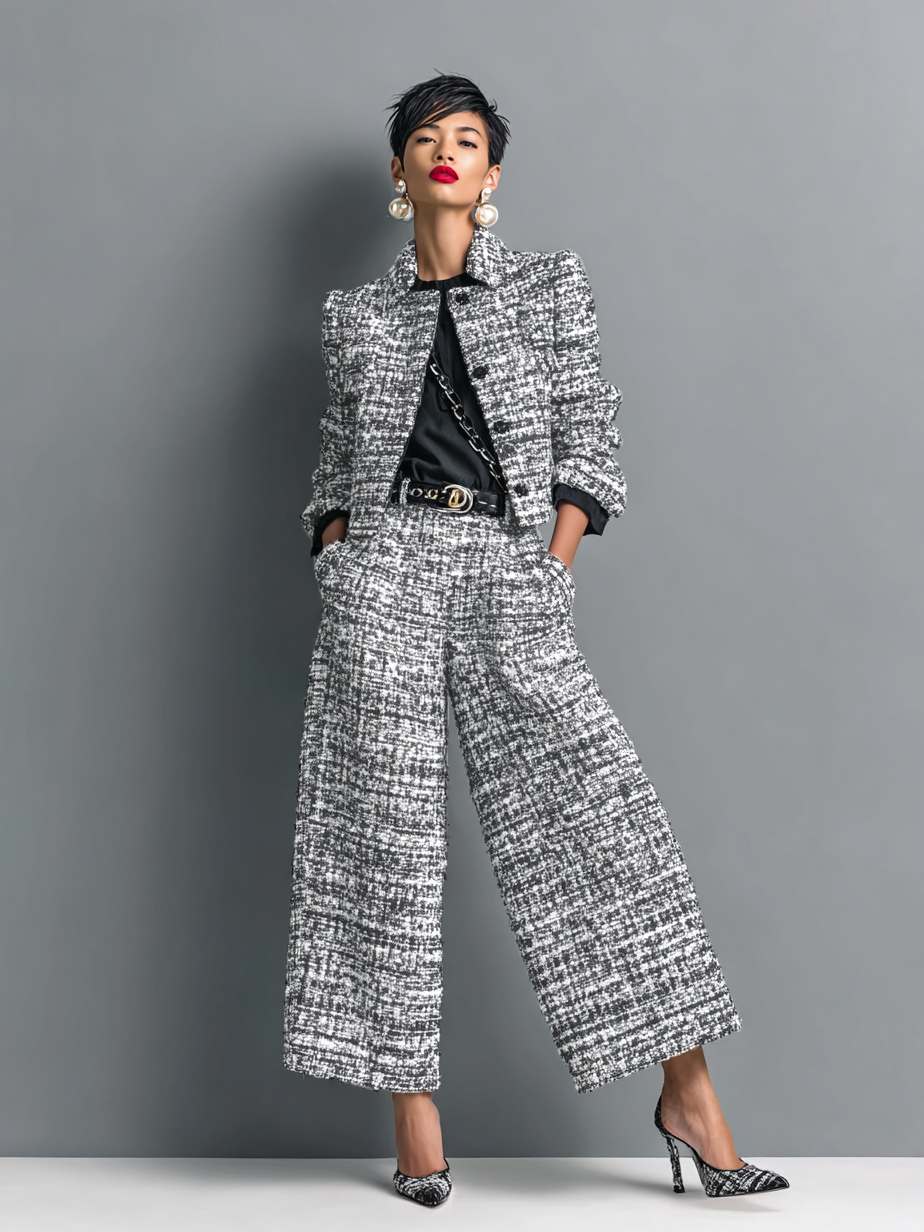 Two-piece structured women's trouser suit with wide-leg trousers