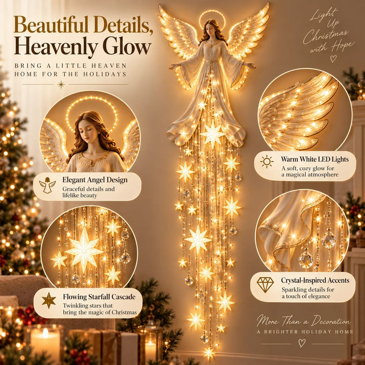Angel Christmas Wall Light with Halo and Falling Stars, Warm White
