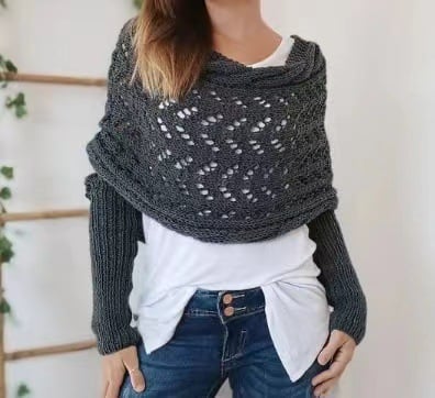 Wrap Scarf with Double Sleeves - Warm Knitted Scarf with Built-In Sleeves