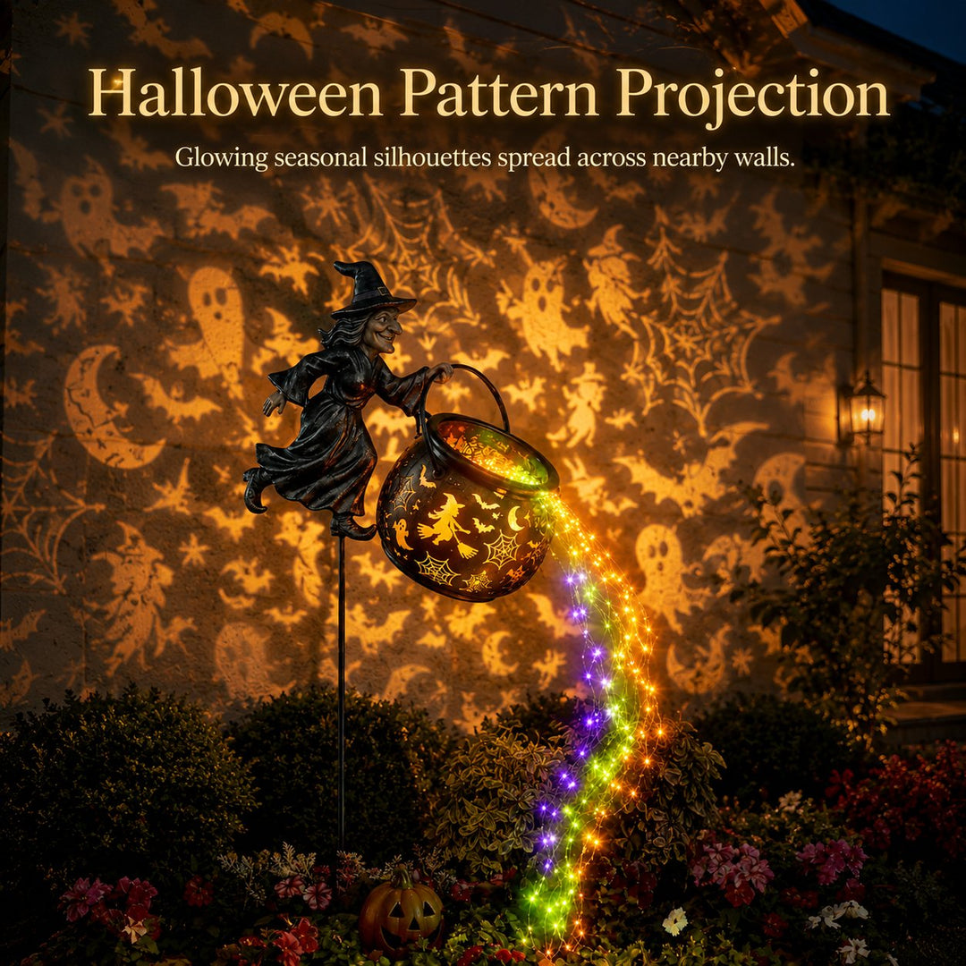 Halloween Witch's Cauldron Garden Lamp with Colourful Glow and Spooky Projections