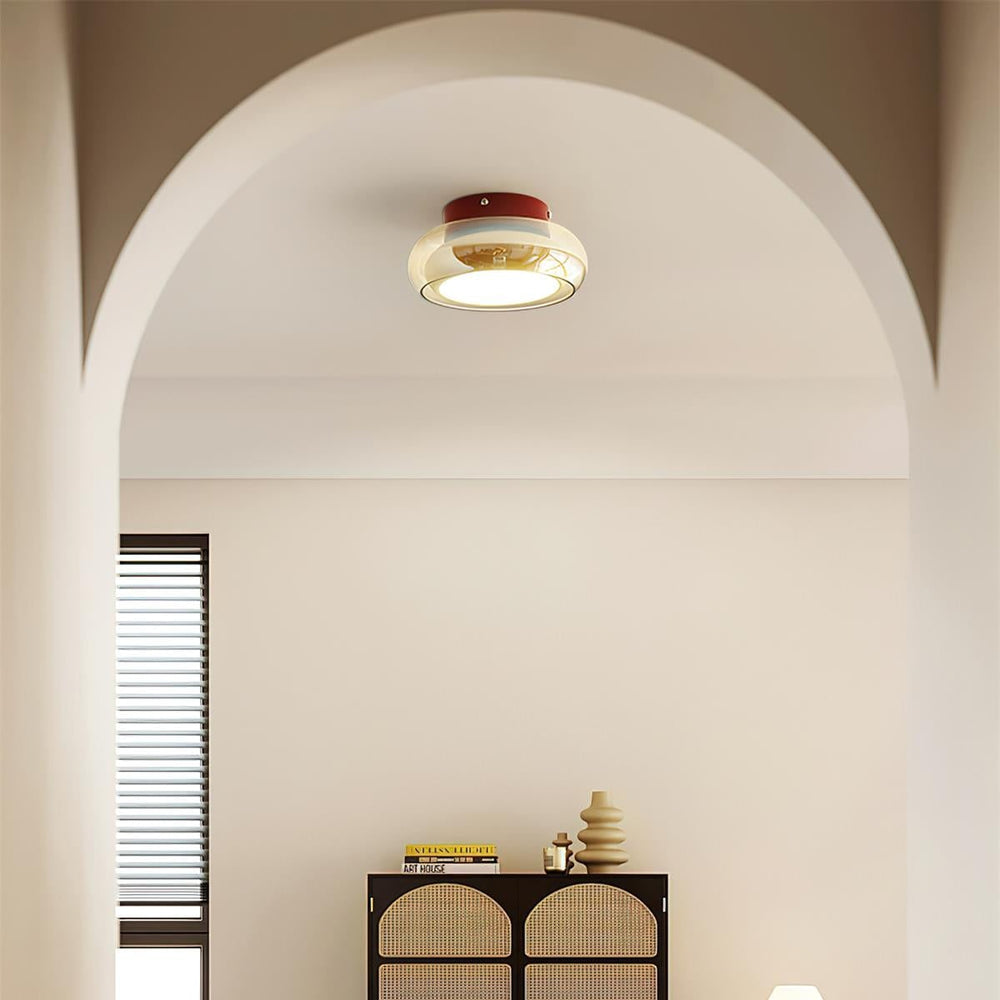 Flush Mount Ceiling Light Fixture with Amber Glass Shade and Integrated LED Vintage