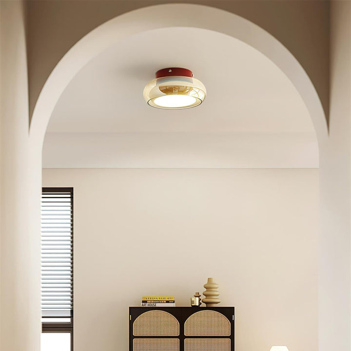 Flush Mount Ceiling Light Fixture with Amber Glass Shade and Integrated LED Vintage