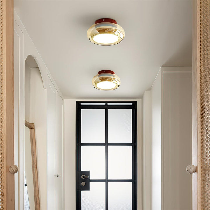 Flush Mount Ceiling Light Fixture with Amber Glass Shade and Integrated LED Vintage