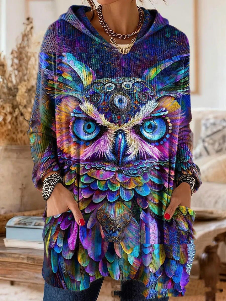 Bohemian-print hooded tunic top with relaxed fit and long sleeves